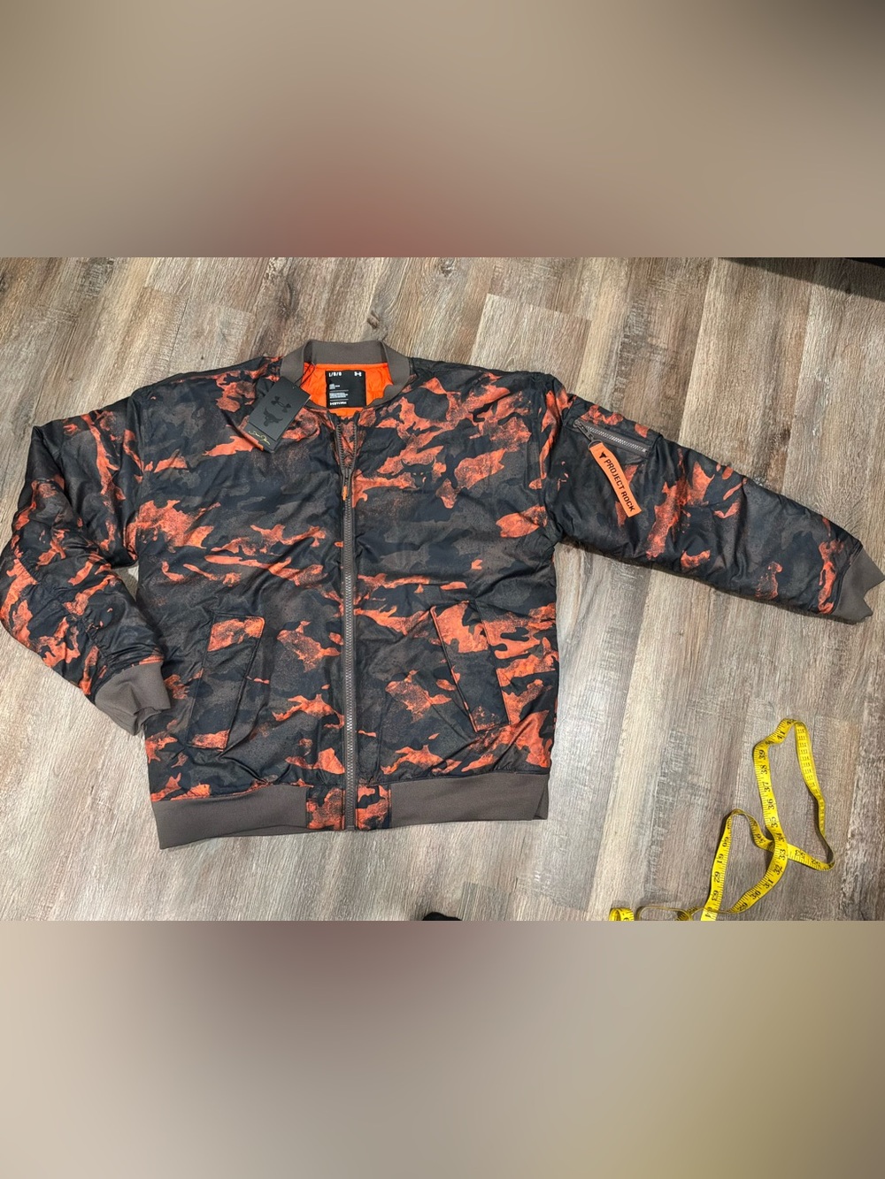 NWT Under Armour Project Rock Veterans Day Bomber Jacket Orange Camo Men's Sz L